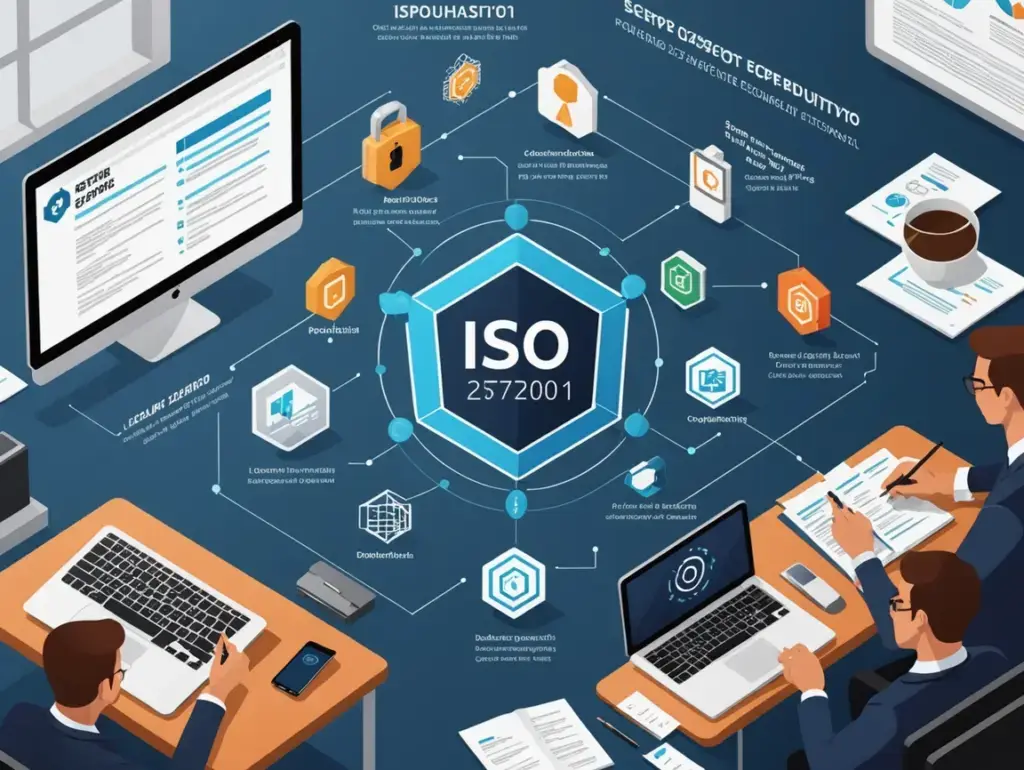 Isometric infographic showing ISO 2572001 certification with connected icons around a central hexagon, flanked by desks and laptops with team members nearby.