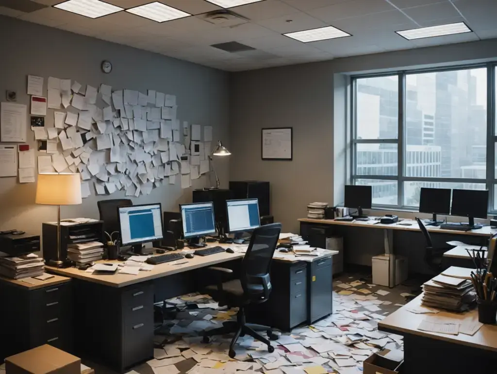 Cluttered open-office with multiple desks, papers on walls and floor, and several computer monitors in use.
