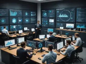 Analysts in a high tech control room studying data on wall mounted dashboards and computer monitors on L shaped desks