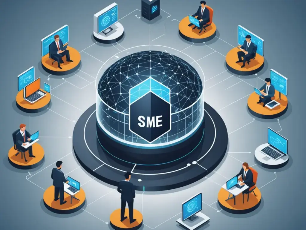 Central holographic globe labeled SME surrounded by connected professionals on orange pods using laptops, representing a connected SME network.
