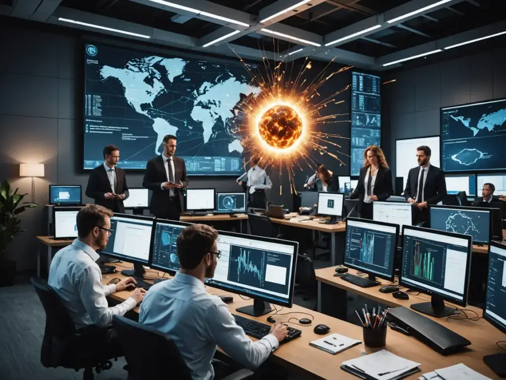Analysts in a modern operations room monitor multiple screens; a world map and a bright fiery explosion glow on the wall behind them.