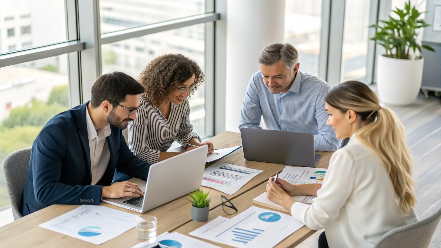 Four professionals in a bright office working on laptops and reviewing charts and documents around a wooden table mid discussion
