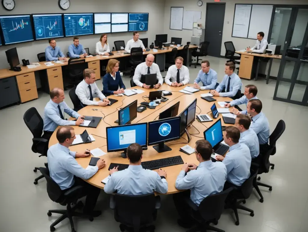 Team of professionals seated around an oval conference table in a high-tech room, monitoring multiple screens and laptops.