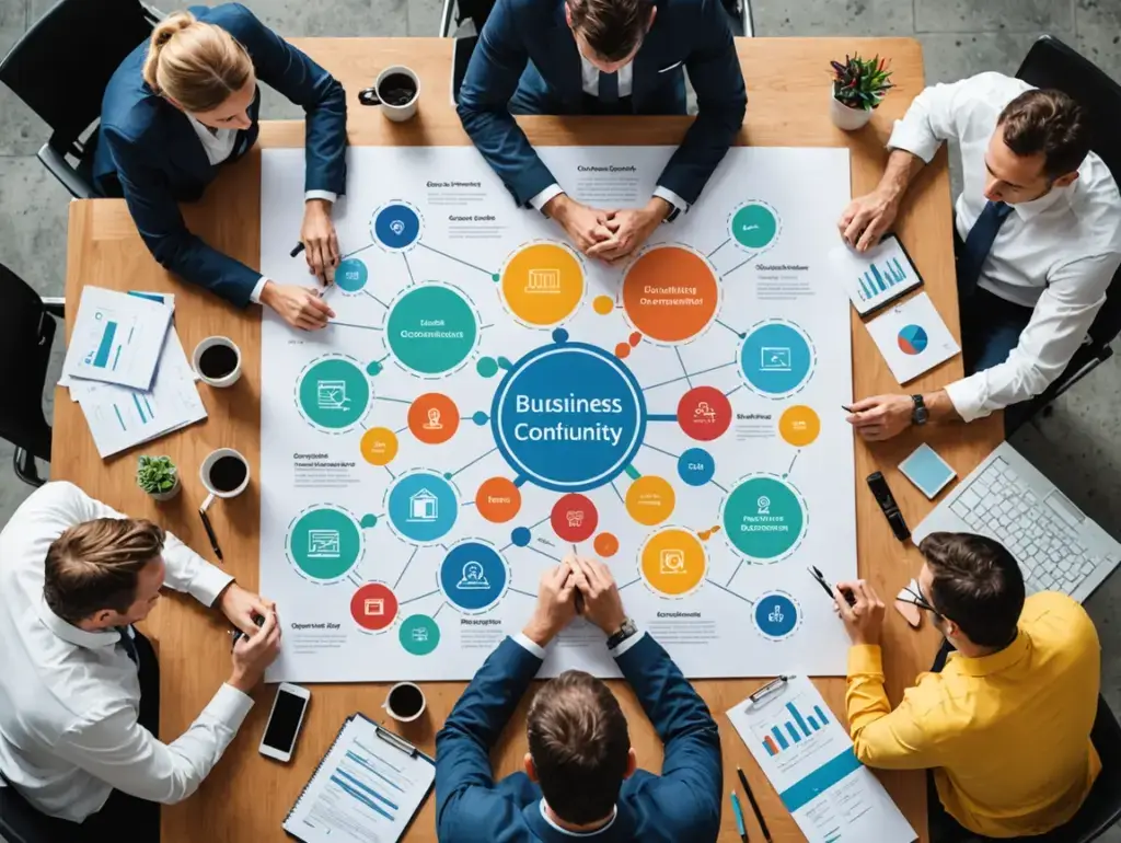 Overhead view of six professionals around a table examining a large 'Business Continuity' infographic with colored circles and connecting lines.",