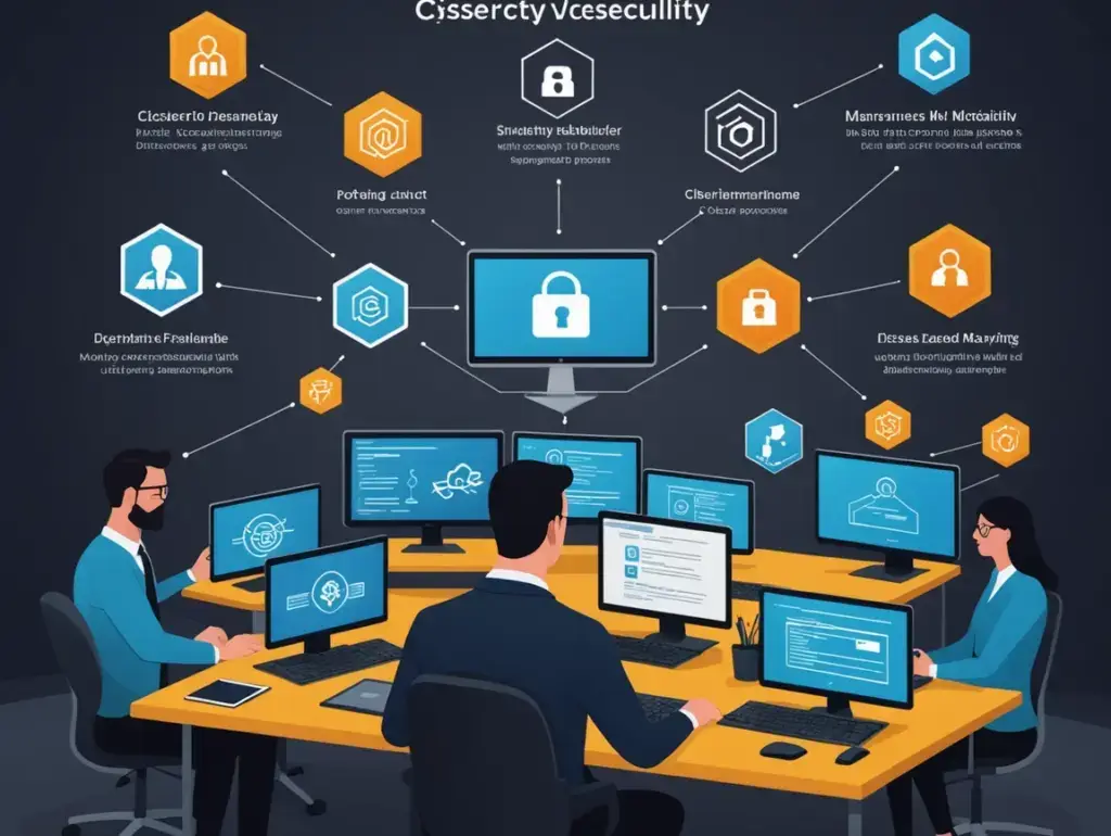 IT team around a large desk with multiple monitors displaying code and security icons, connected to a central security hub on the wall.