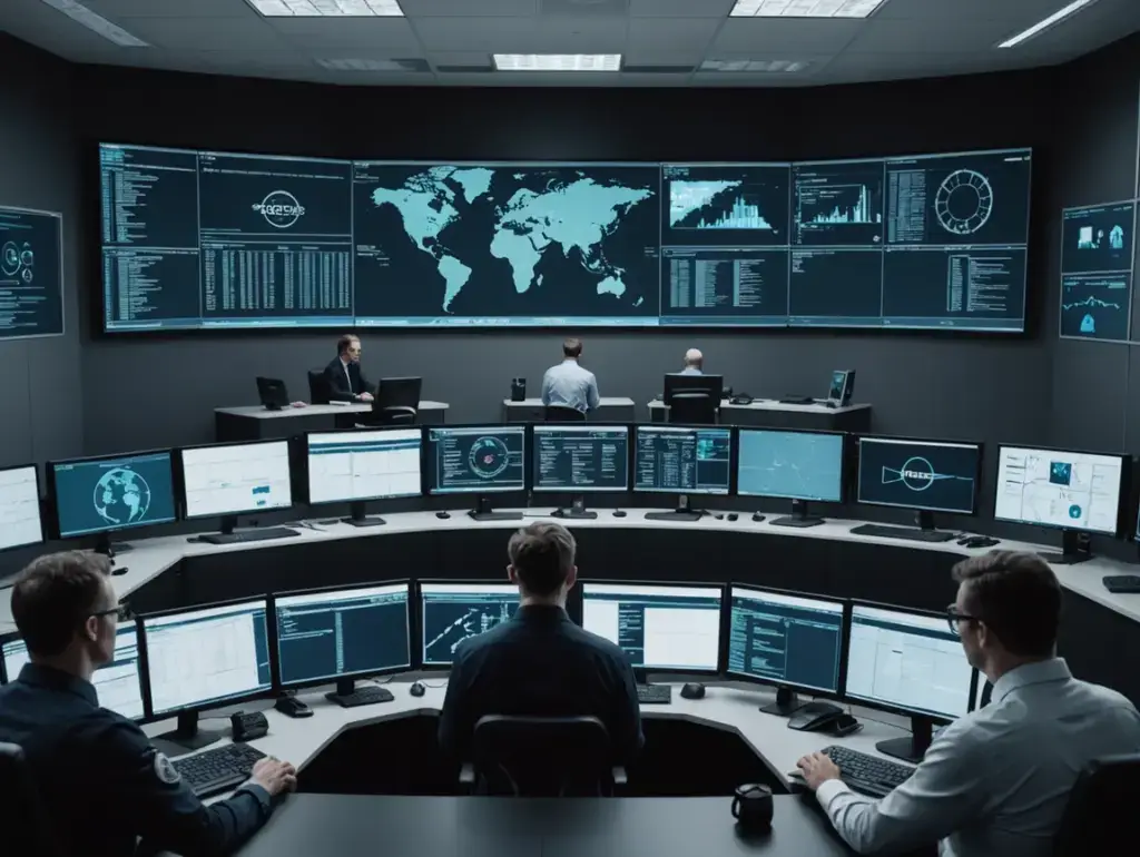 Mission control room with a curved wall of monitors displaying a world map and data dashboards.