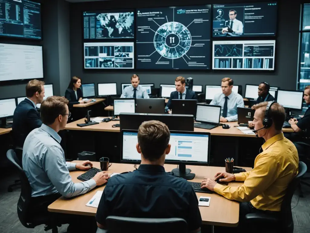 Team of professionals around a large U-shaped desk with multiple monitors in a high-tech operations room with wall of data displays behind them.