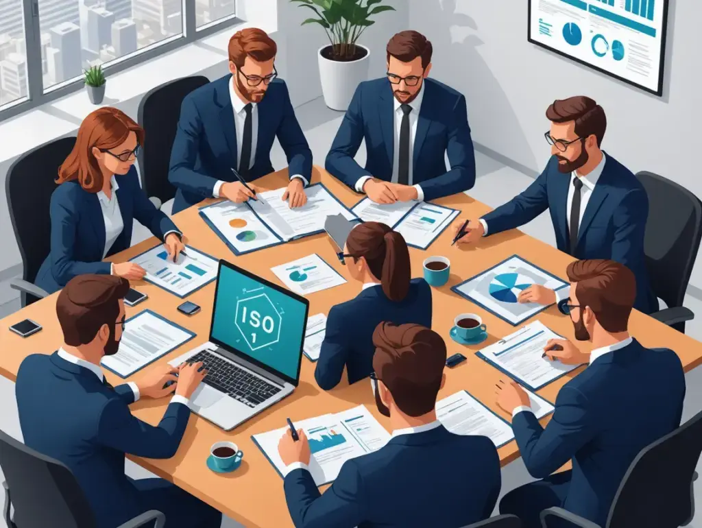 A team of professionals in suits around a conference table reviewing documents, charts, and graphs, with an ISO logo displayed on a laptop at the center.