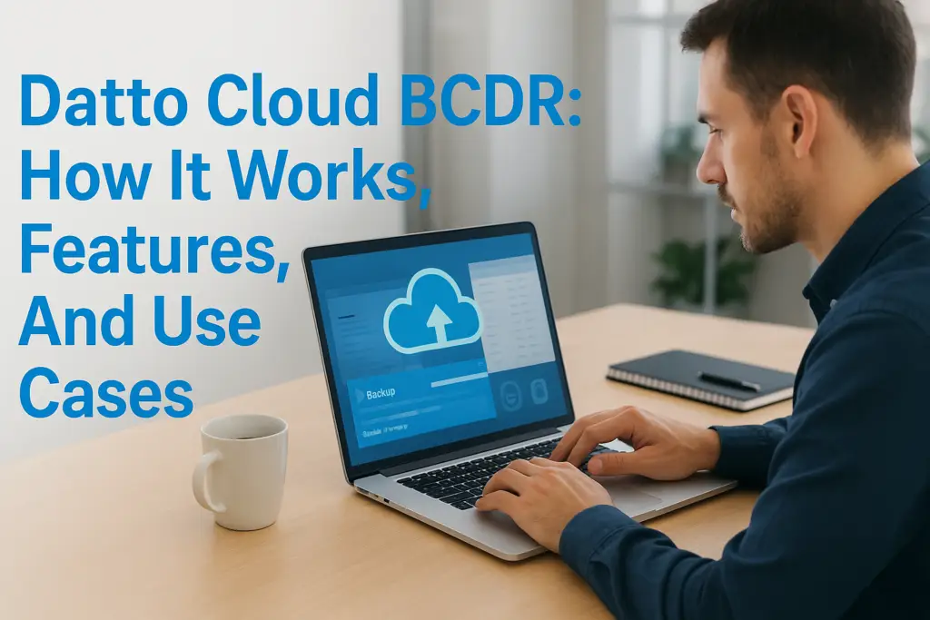 Person seated at a desk typing on a laptop displaying a cloud backup interface, with a large blue title about Datto Cloud BCDR on the left side.