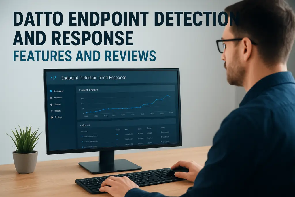Man at a desk using a computer displaying an Endpoint Detection and Response dashboard.