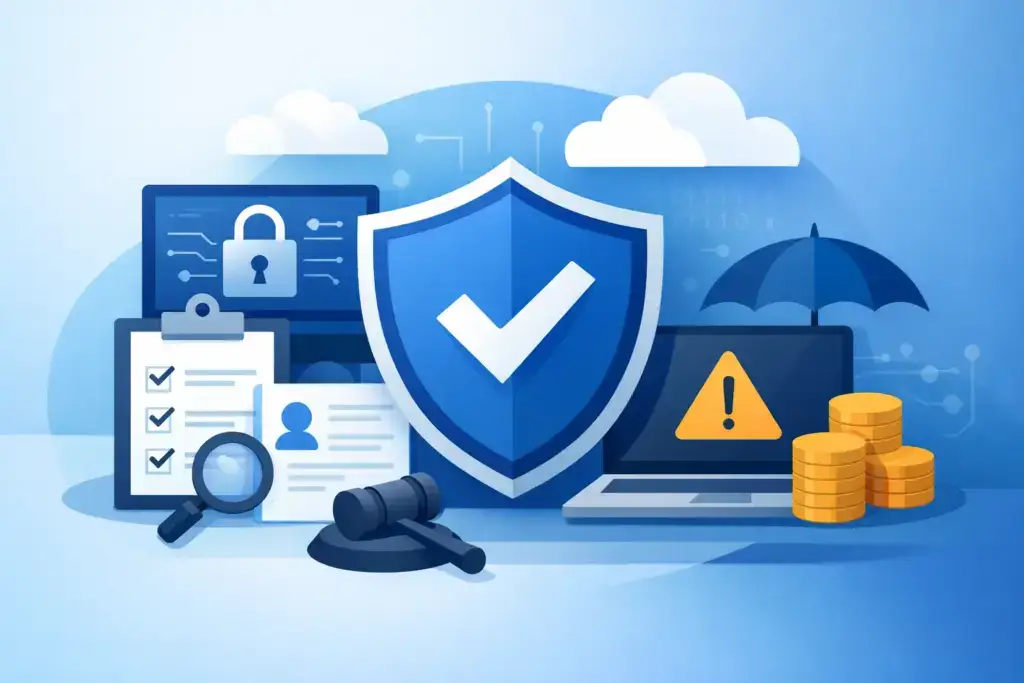 Blue cyber security illustration with a shield and checkmark, protective devices, and data documents on screens and a laptop.