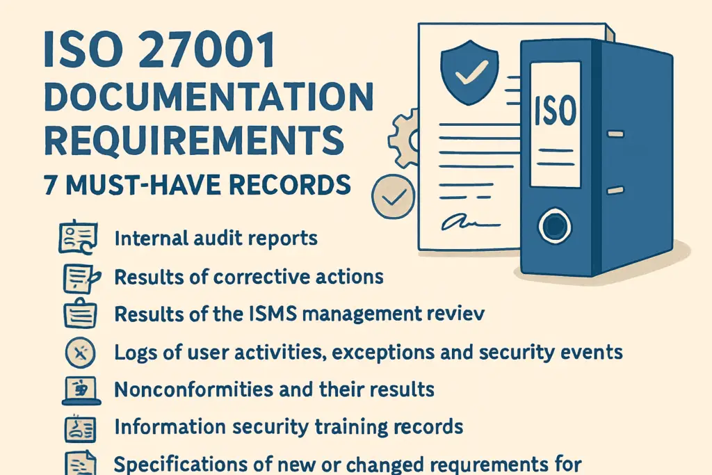 Infographic of ISO 27001 documentation requirements listing internal audit reports, corrective actions, ISMS management review results, user activity logs, and training records.