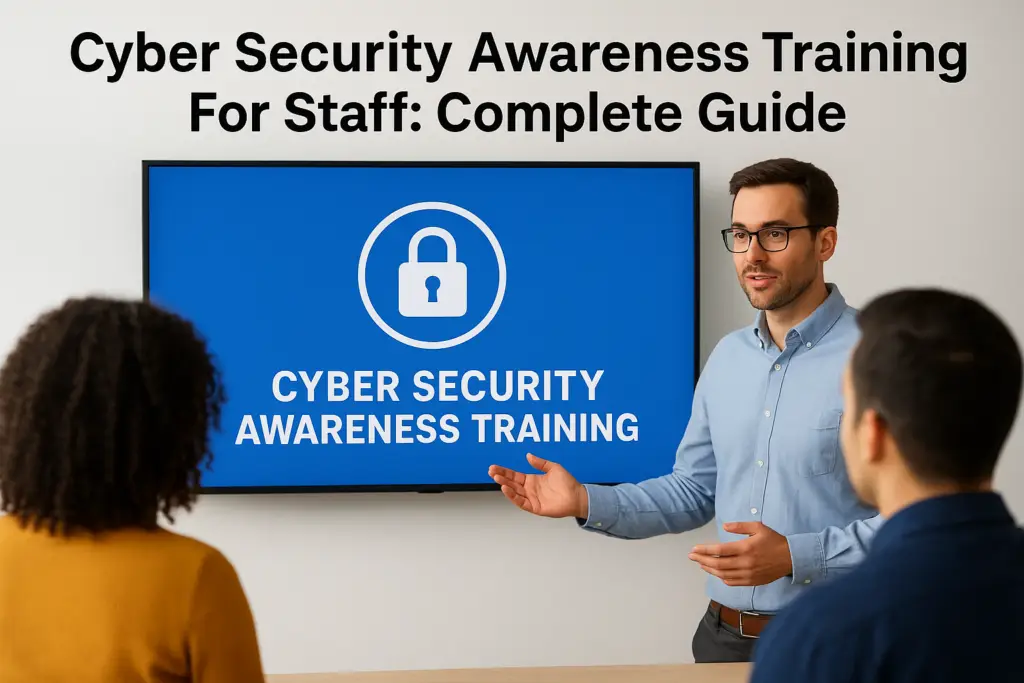 Trainer presenting a cyber security awareness training to two colleagues in a room with a blue screen that reads 'CYBER SECURITY AWARENESS TRAINING' and a lock icon