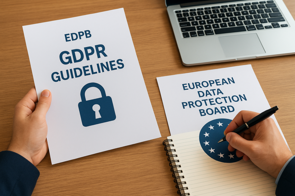 Document titled 'GDPR Guidelines' with a padlock icon on a desk next to a notebook and a laptop, illustrating data privacy guidelines.