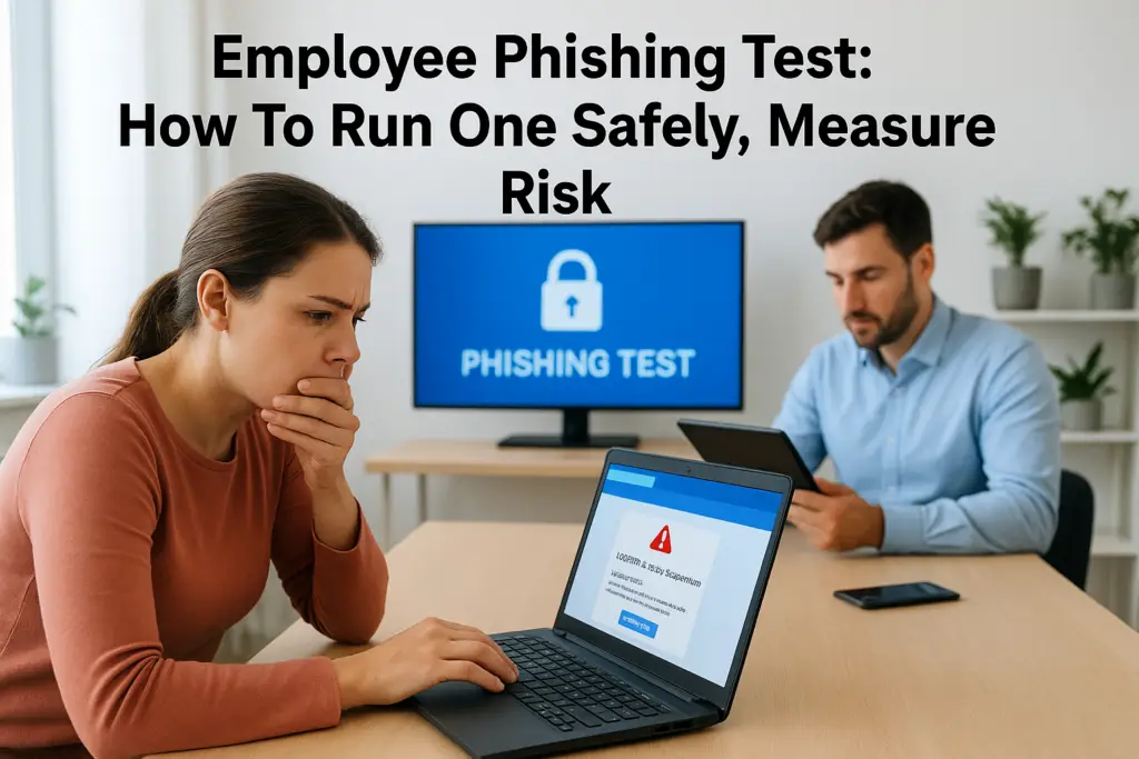 An anxious woman at a laptop in an office, with a monitor behind her displaying a 'Phishing Test' screen and a man using a tablet nearby.