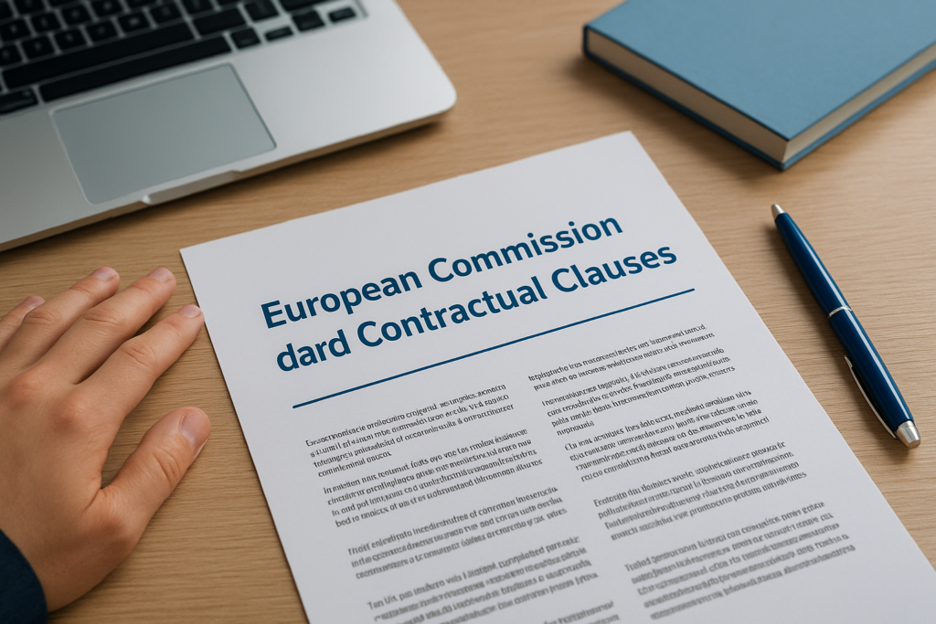 Document titled 'European Commission Standard Contractual Clauses' on a wooden desk beside a laptop and a blue notebook with a blue pen nearby.