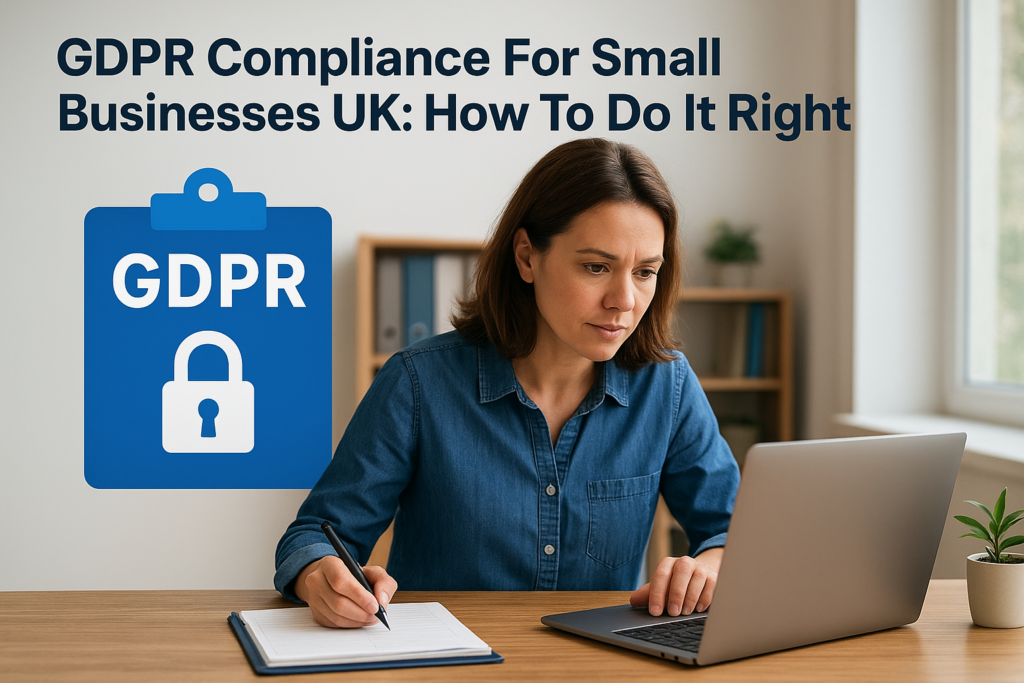 Informative image showing a woman working on a laptop and taking notes beside a large GDPR banner about small business compliance UK.