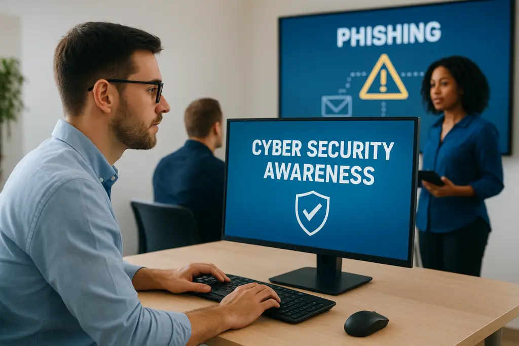 Employee at a desk using a keyboard; monitor reads 'CYBER SECURITY AWARENESS' with a shield icon.