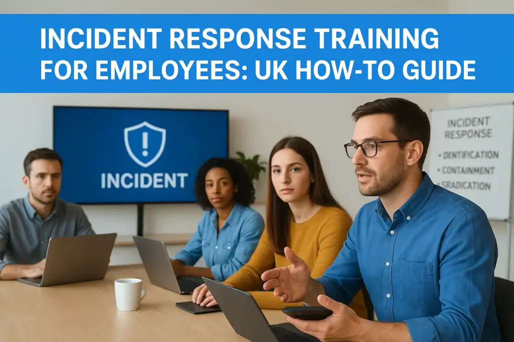 Four coworkers in a training room discuss incident response, with a large blue banner about a UK How-To Guide overhead.