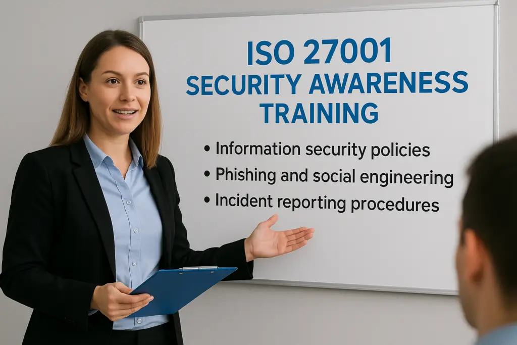 Female presenter in a black blazer explains ISO 27001 security training on a whiteboard with bullet points: information security policies, phishing, incident reporting procedures.
