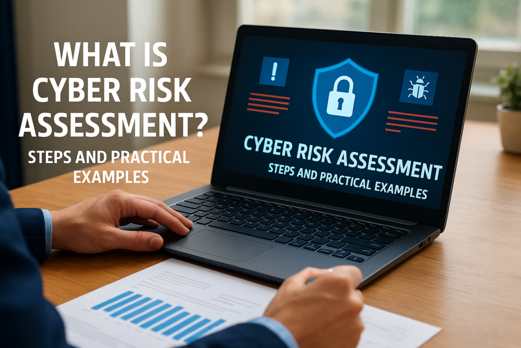 Informational hero image: 'What is Cyber Risk Assessment? Steps and Practical Examples' beside a laptop displaying a shield icon for cyber security.