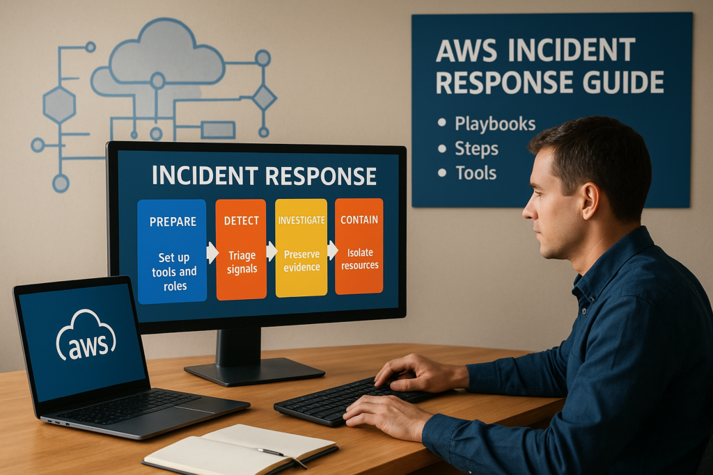 Person at a desk viewing a monitor that shows an incident response workflow with steps: Prepare, Detect, Investigate, Contain, on a blue background.