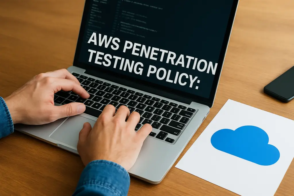 Hand typing on a laptop showing the text 'AWS Penetration Testing Policy' on the screen, with a blue cloud graphic on a sheet nearby.