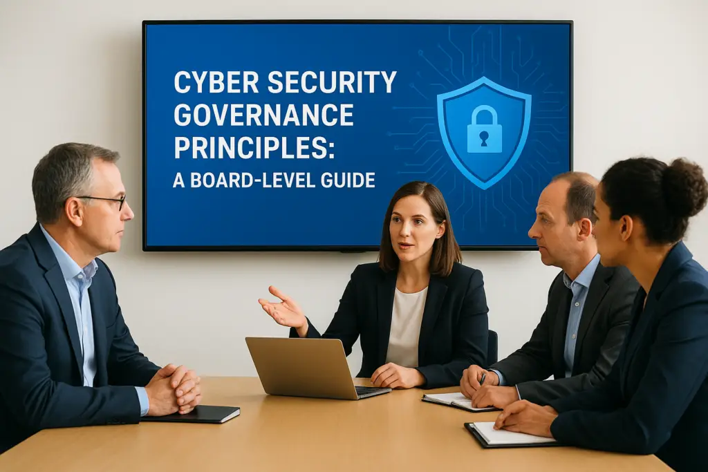 Four professionals in a meeting room discuss cyber security governance as a slide reads: 'Cyber Security Governance Principles: A Board-Level Guide'.