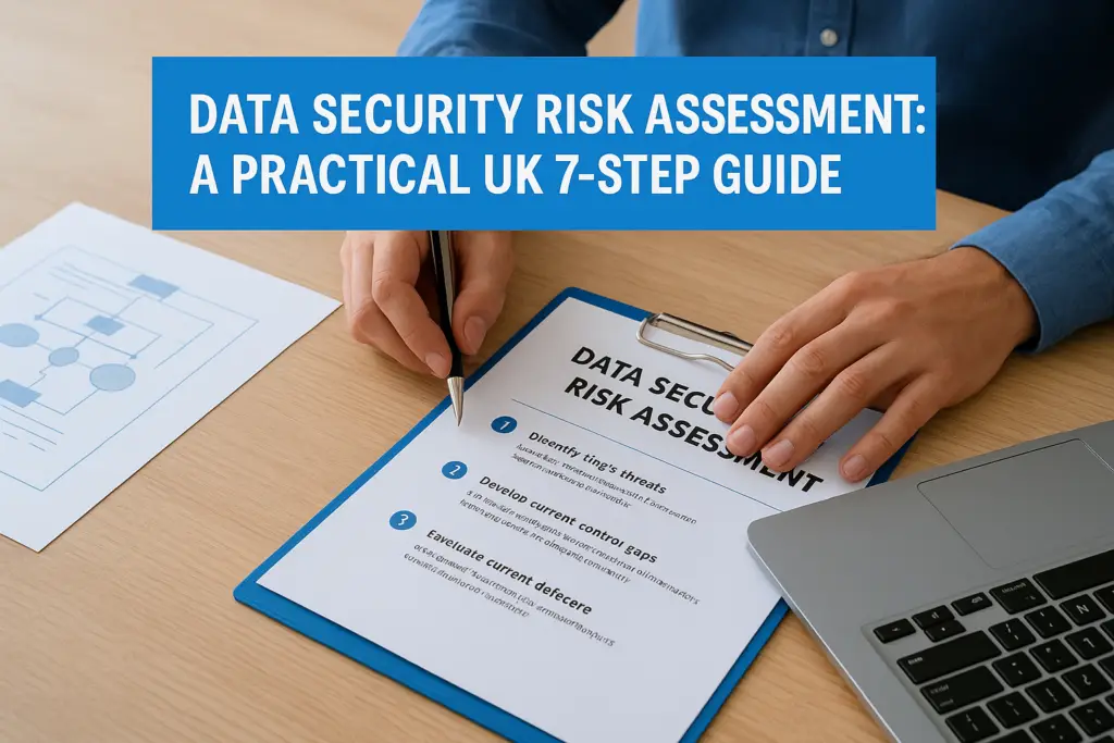 Person writes on a clipboard titled 'Data Security Risk Assessment' on a wooden desk with a laptop nearby.