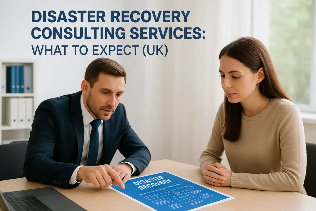 Two colleagues review a blue 'Disaster Recovery' brochure at a desk, with the overlay text 'DISASTER RECOVERY CONSULTING SERVICES: WHAT TO EXPECT (UK)'.