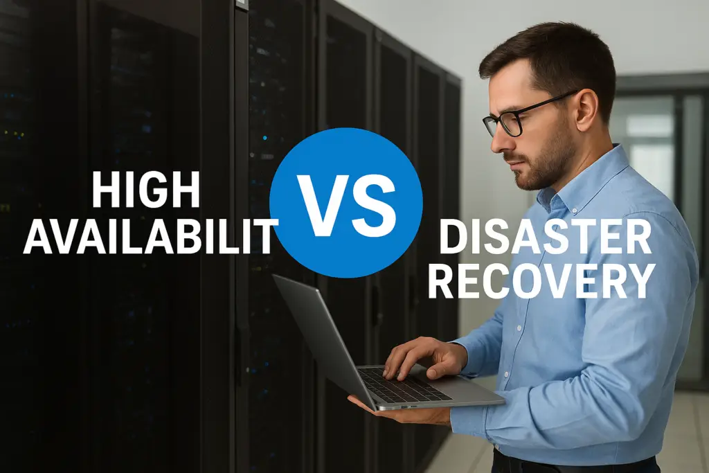 IT professional in a data center evaluating high availability versus disaster recovery, with server racks in the background.