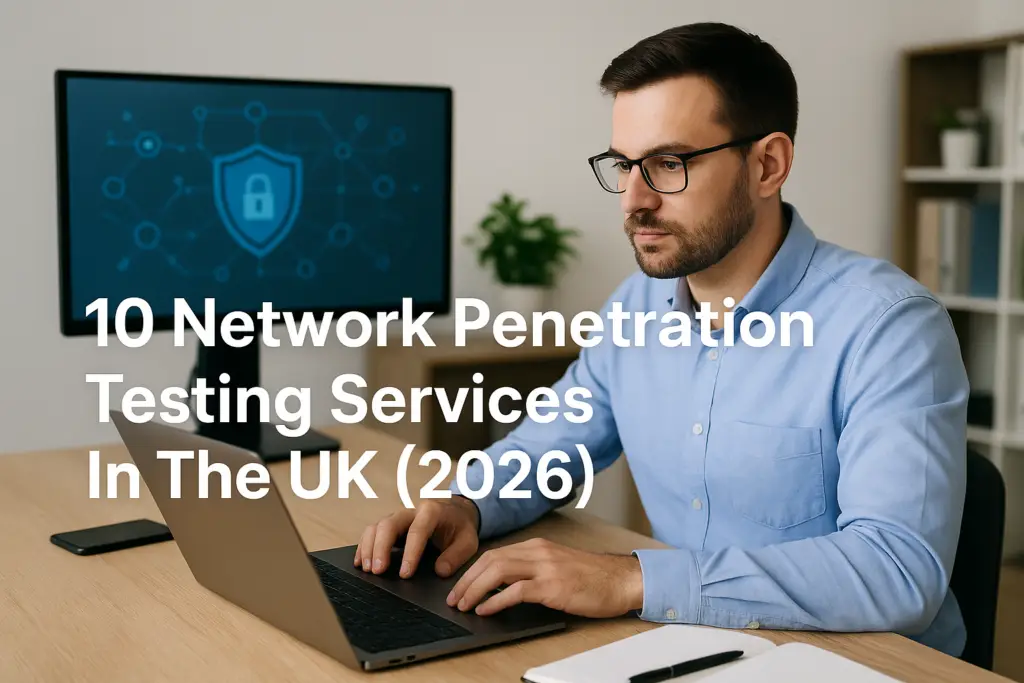 Man in glasses typing on a laptop; monitor shows a security shield; large headline reads '10 Network Penetration Testing Services In The UK (2026)'.