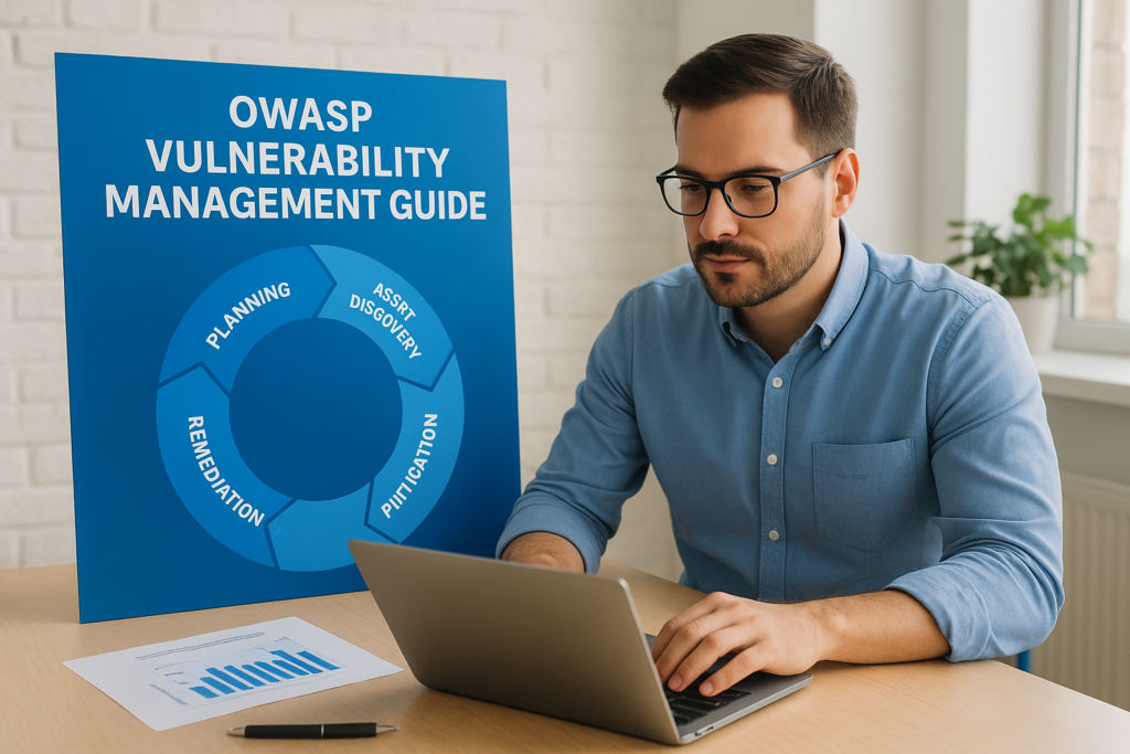 Man wearing glasses typing on a laptop beside a blue OWASP Vulnerability Management Guide poster with a circular diagram on a desk.