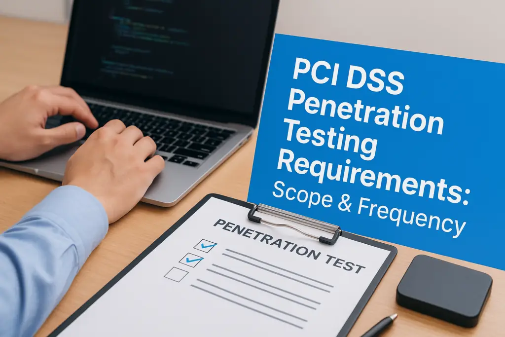 Person typing on a laptop beside a blue sign that reads 'PCI DSS Penetration Testing Requirements: Scope & Frequency', with a penetration test checklist on a clipboard nearby.