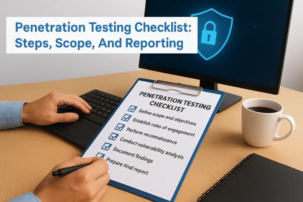 Clipboard titled Penetration Testing Checklist with checked items; person typing on a laptop beside a coffee mug on a desk.