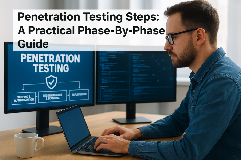 Man at a laptop with dual monitors displaying a penetration testing diagram; large overlay title about steps.