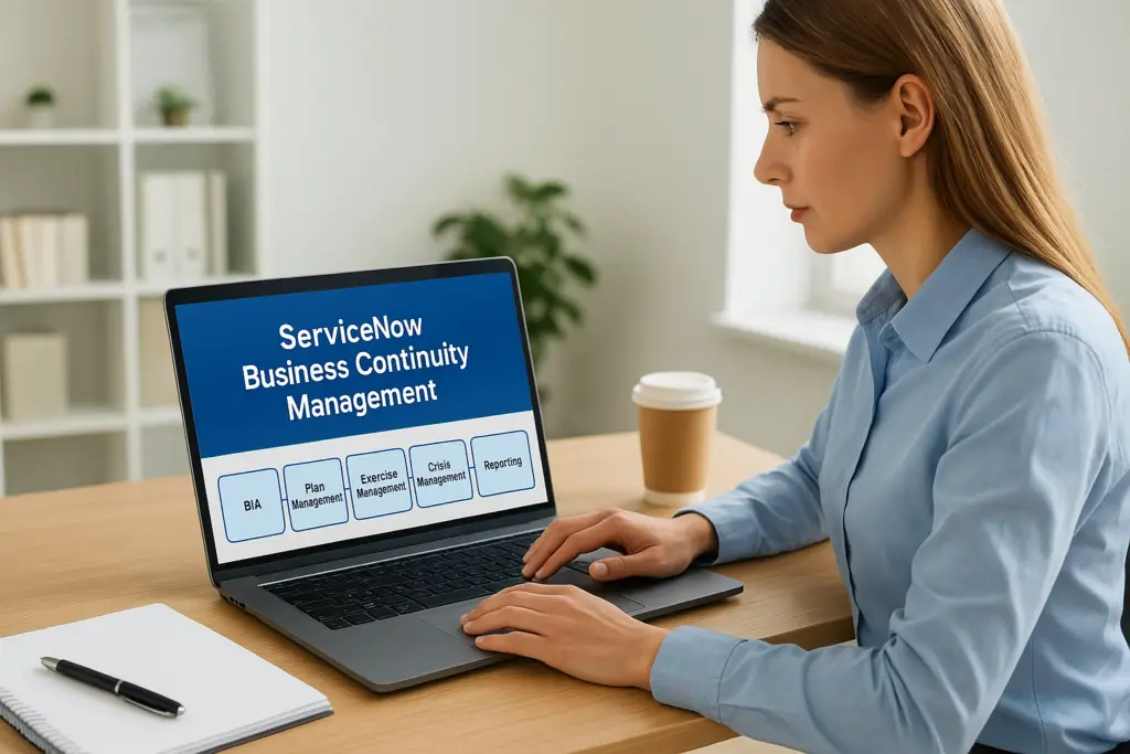 Woman in a light blue shirt types on a laptop showing the ServiceNow Business Continuity Management dashboard with tiles labeled BIA, Plan Management, Exercise Management, Crisis Management, and Reporting.