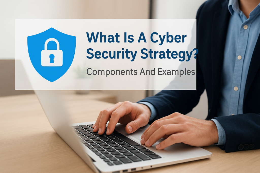 Blue shield icon with the title 'What Is A Cyber Security Strategy? Components And Examples' over a person typing on a laptop.