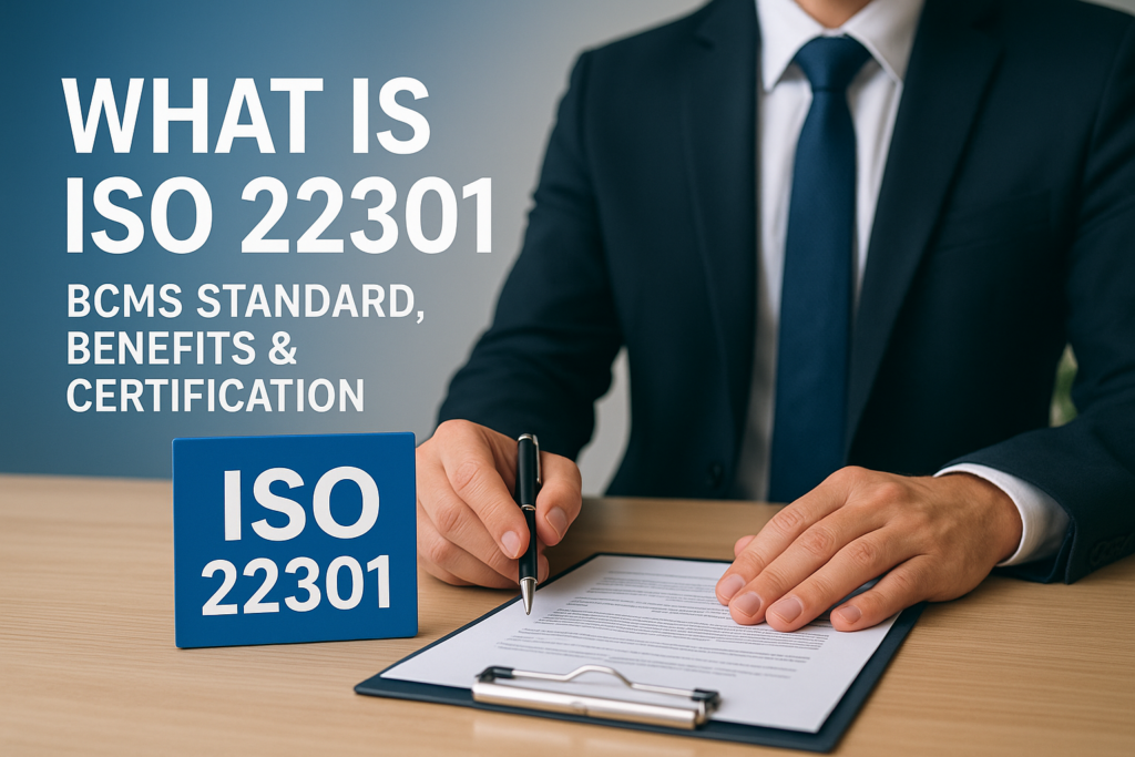 Business professional signs a document at a desk next to a blue ISO 22301 sign, indicating BCMS standard and certification.