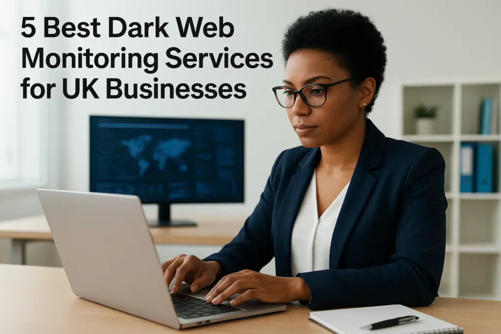 Professional woman in glasses typing on a laptop; article title about dark web monitoring services for UK businesses.