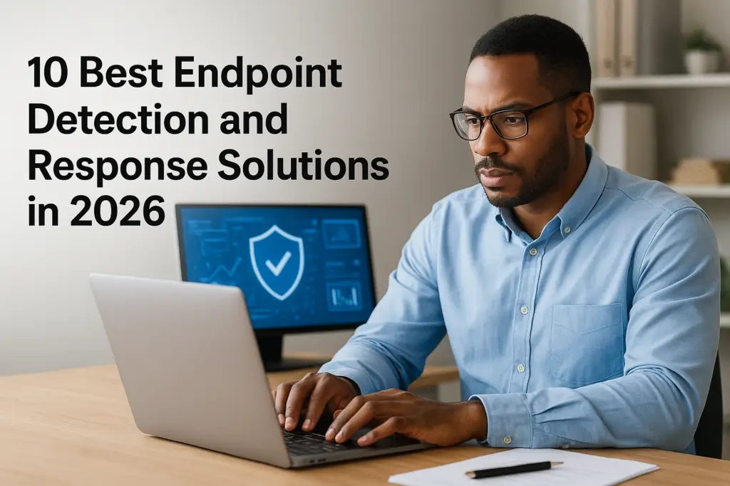Man in a blue shirt typing on a laptop at a desk, with the headline '10 Best Endpoint Detection and Response Solutions in 2026' appearing on the left side.