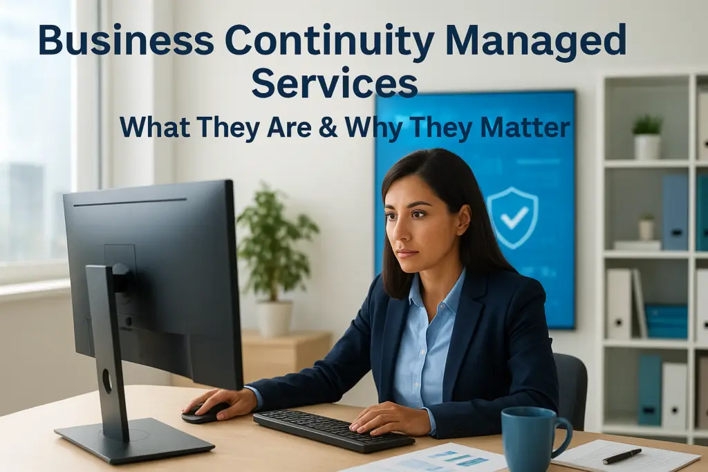 Professional woman in a blazer sits at a desk using a computer; article title 'Business Continuity Managed Services' appears above.