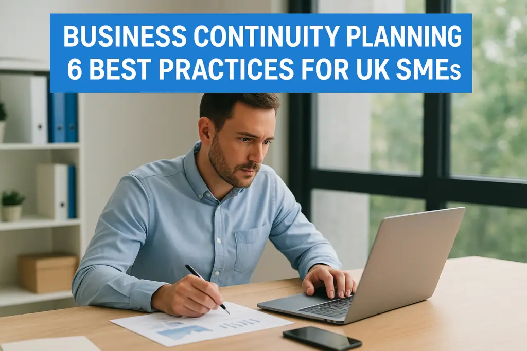 Man at a desk with a laptop, writing on papers, for a business continuity planning article (UK SMEs).