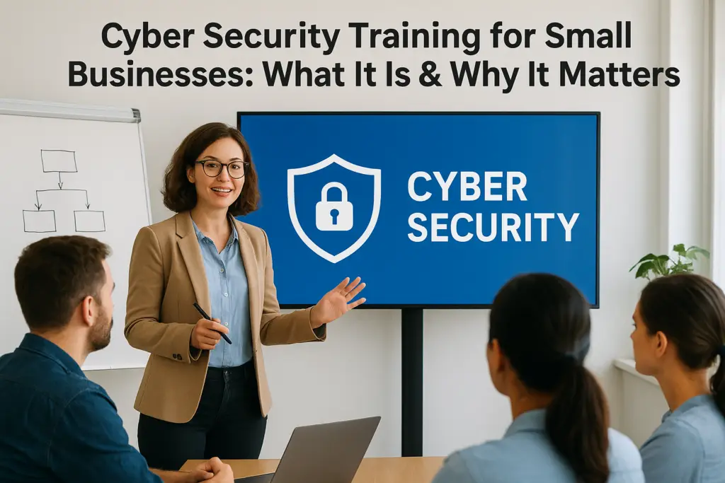 Female presenter in a tan blazer teaches a cyber security training to a small group, with a large 'CYBER SECURITY' screen behind her and a whiteboard to the side.