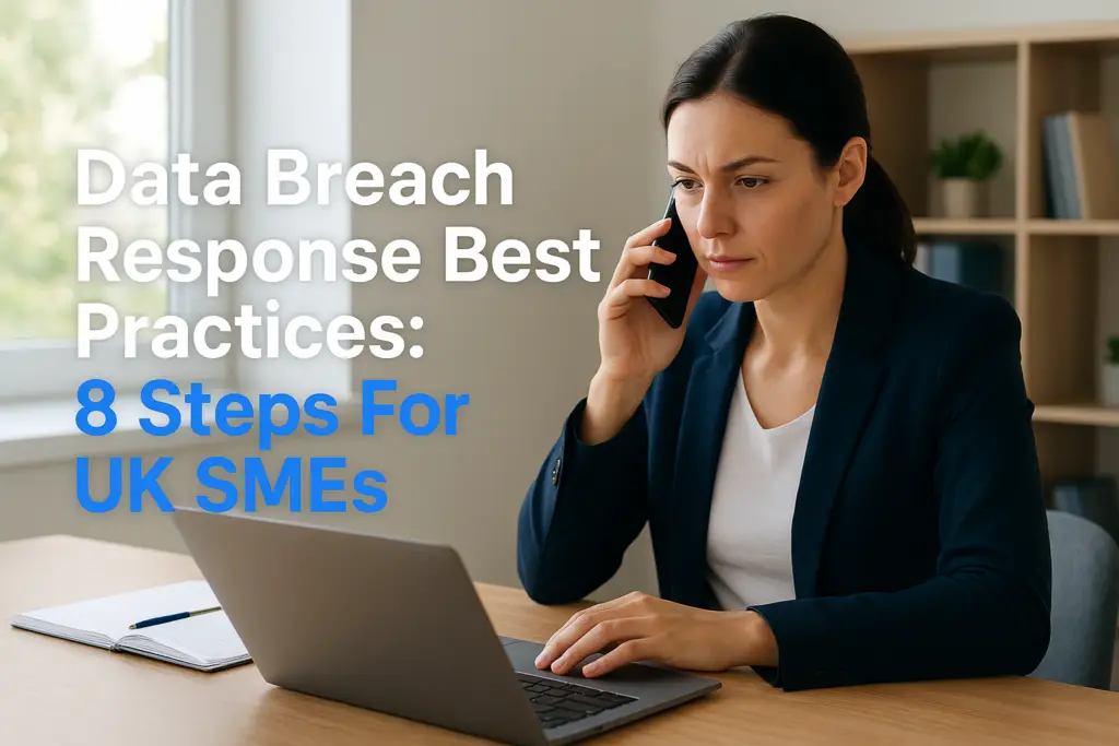 Businesswoman on a call at a desk with a laptop; article title: Data Breach Response Best Practices: 8 Steps For UK SMEs.