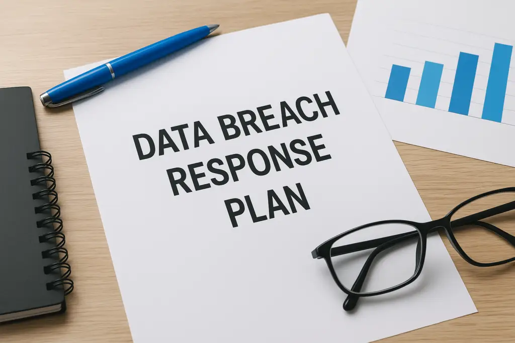 Document titled 'Data Breach Response Plan' on a desk with a blue pen, glasses, and a chart in the background, indicating planning.