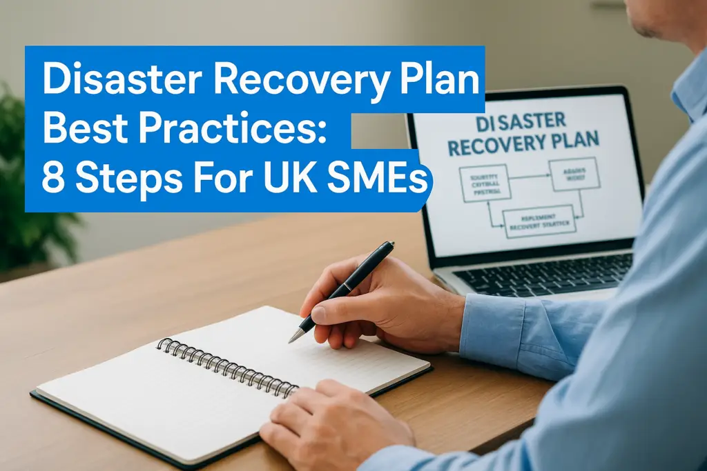 Person writing in a spiral notebook while a laptop screen shows a 'Disaster Recovery Plan' diagram, highlighting best practices for UK SMEs (8 steps).