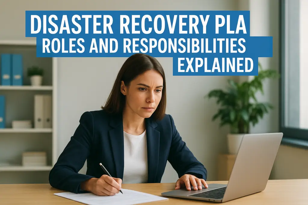 Professional woman at a desk with a laptop, taking notes on a disaster recovery plan and its roles and responsibilities.