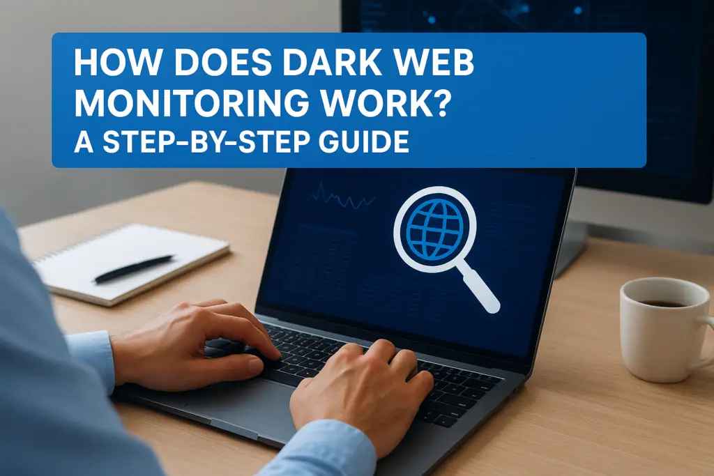 Blue banner overlay reads 'How does dark web monitoring work? A step-by-step guide' above a person typing on a laptop at a desk.