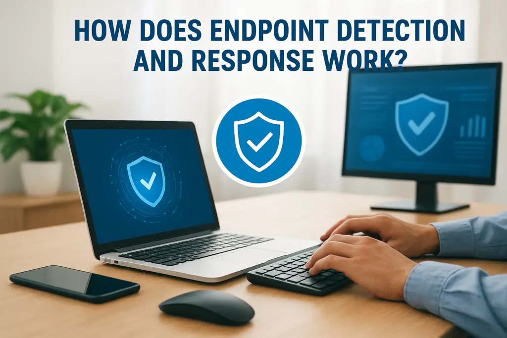 Headline reads 'HOW DOES ENDPOINT DETECTION AND RESPONSE WORK?' above a desk with a laptop, monitor, and a shield-with-check icon between them to symbolize security.